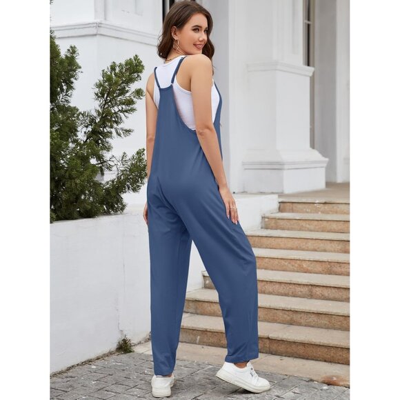 Women's V Neck Sleeveless Jumpsuits Spaghetti Straps - Lake Blue - Picture 4 of 5